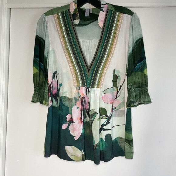 Anthropologie Bl^Nk London Stephanie Top Size XXS Green Floral V Neck Blouse 2 - Picture 7 of 15